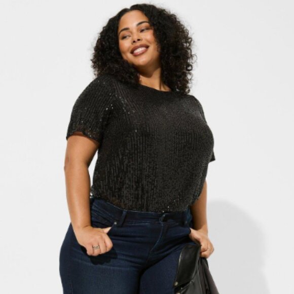 Short Sleeve Sequin Top, black, Torrid - Picture 1 of 3